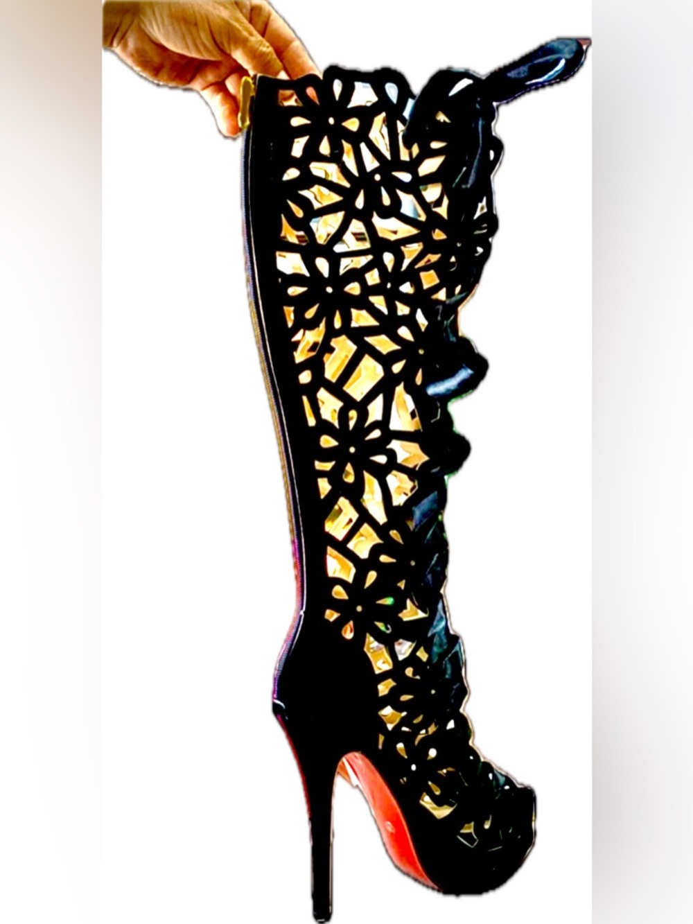 Black Floral Cutout Lace-Up Stiletto Knee Boot